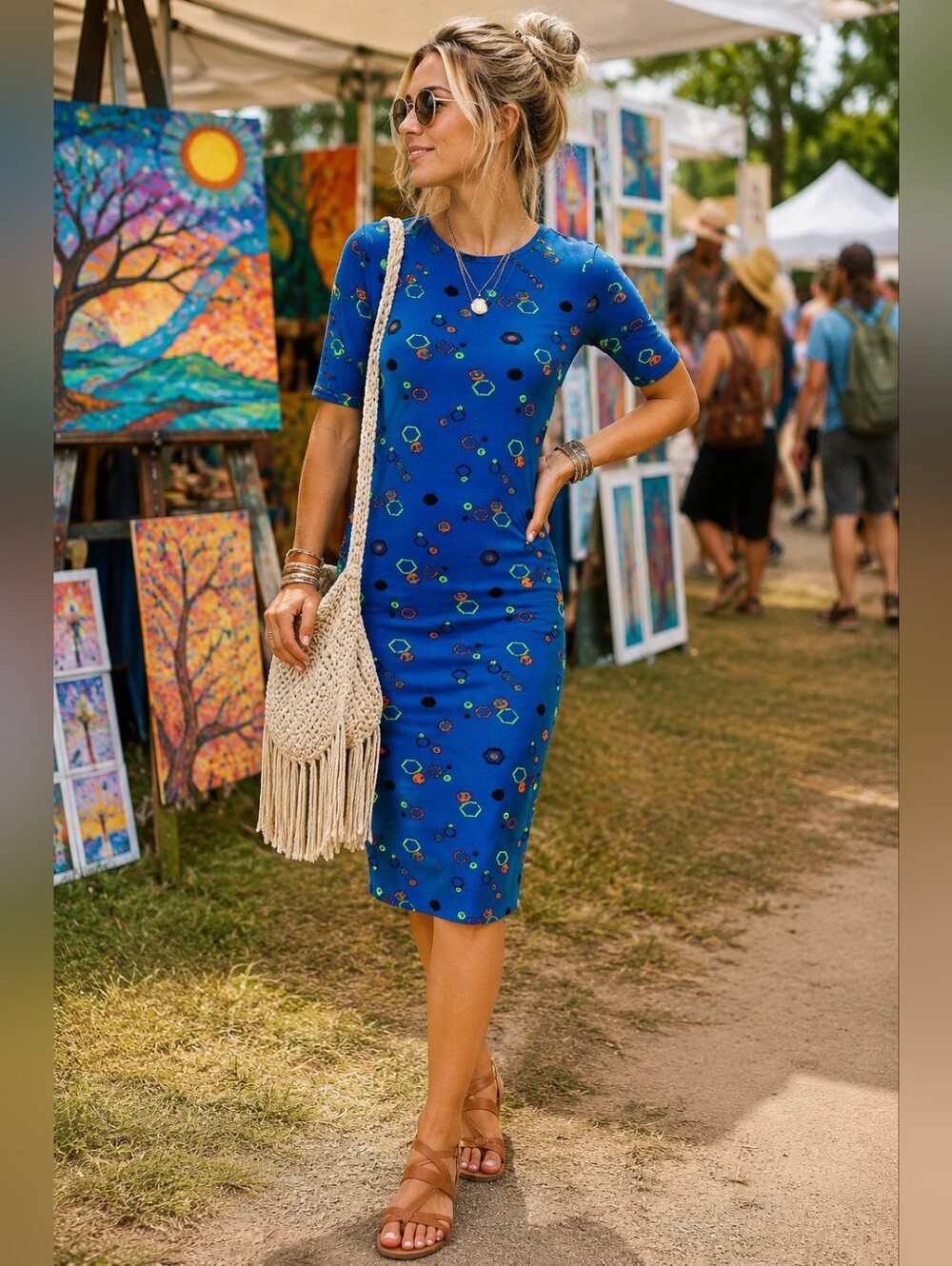 NWT LuLaroe Julia Dress Cobalt Blue Artsy Loungewear Midi Dress Size Small 4/6